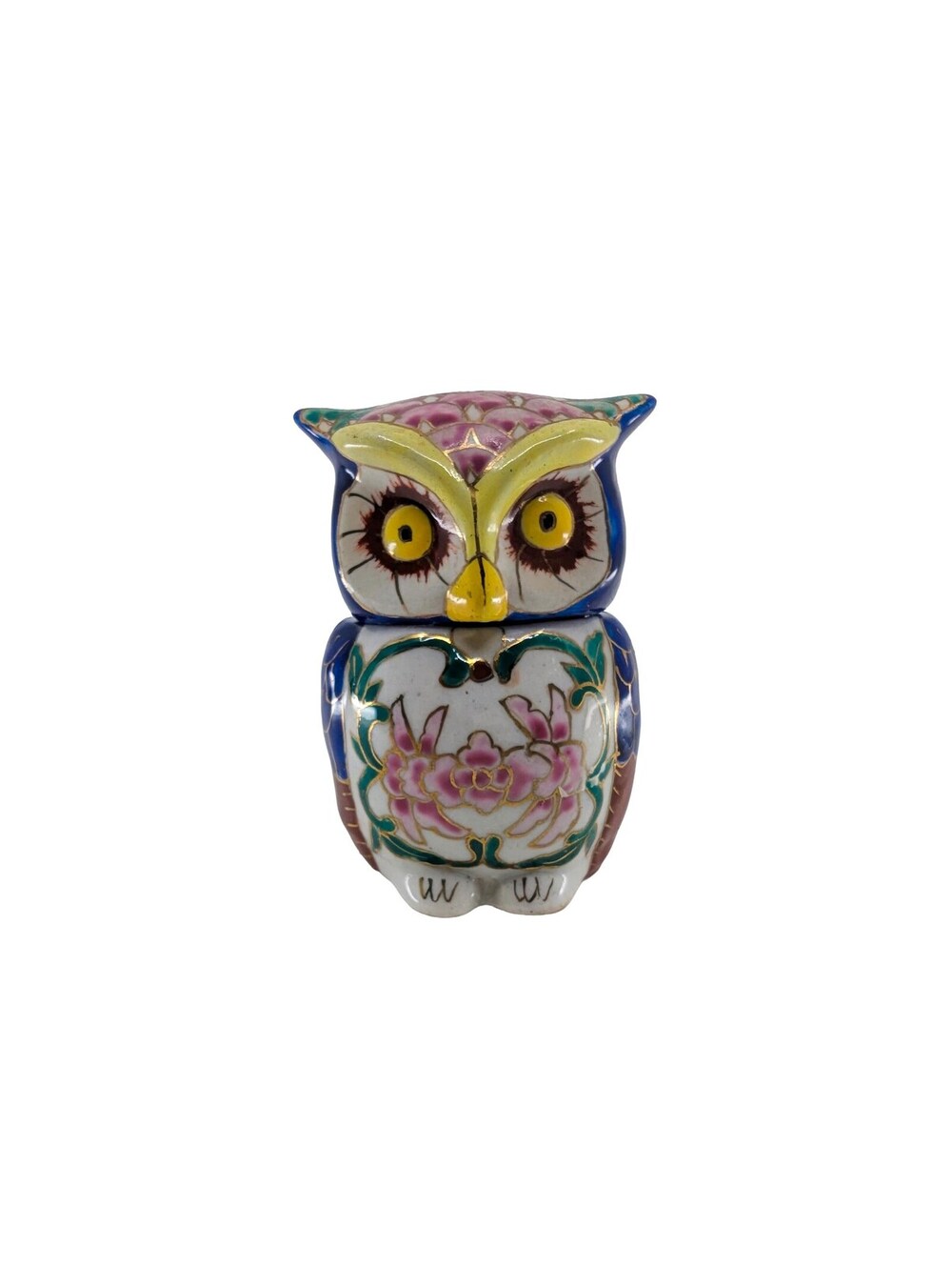 Vintage Hand Painted Ceramic Owl Trinket Box Floral Cloisonne Style
